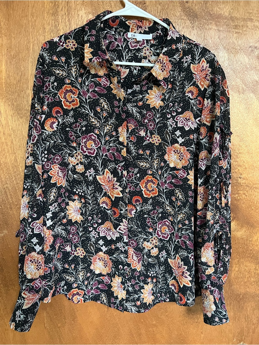 DR2 Black Floral Button-Down Shirt with Orange & Pink Blooms